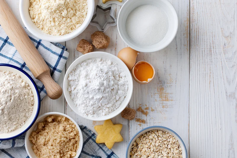 Baking ingredients arranged on a white wooden surface with a star-shaped cookie and rolling pin, including flour, sugar, eggs, oats, and brown sugar in bowls, alongside a checkered cloth and cookie cutter, viewed from above with copyspace on the right