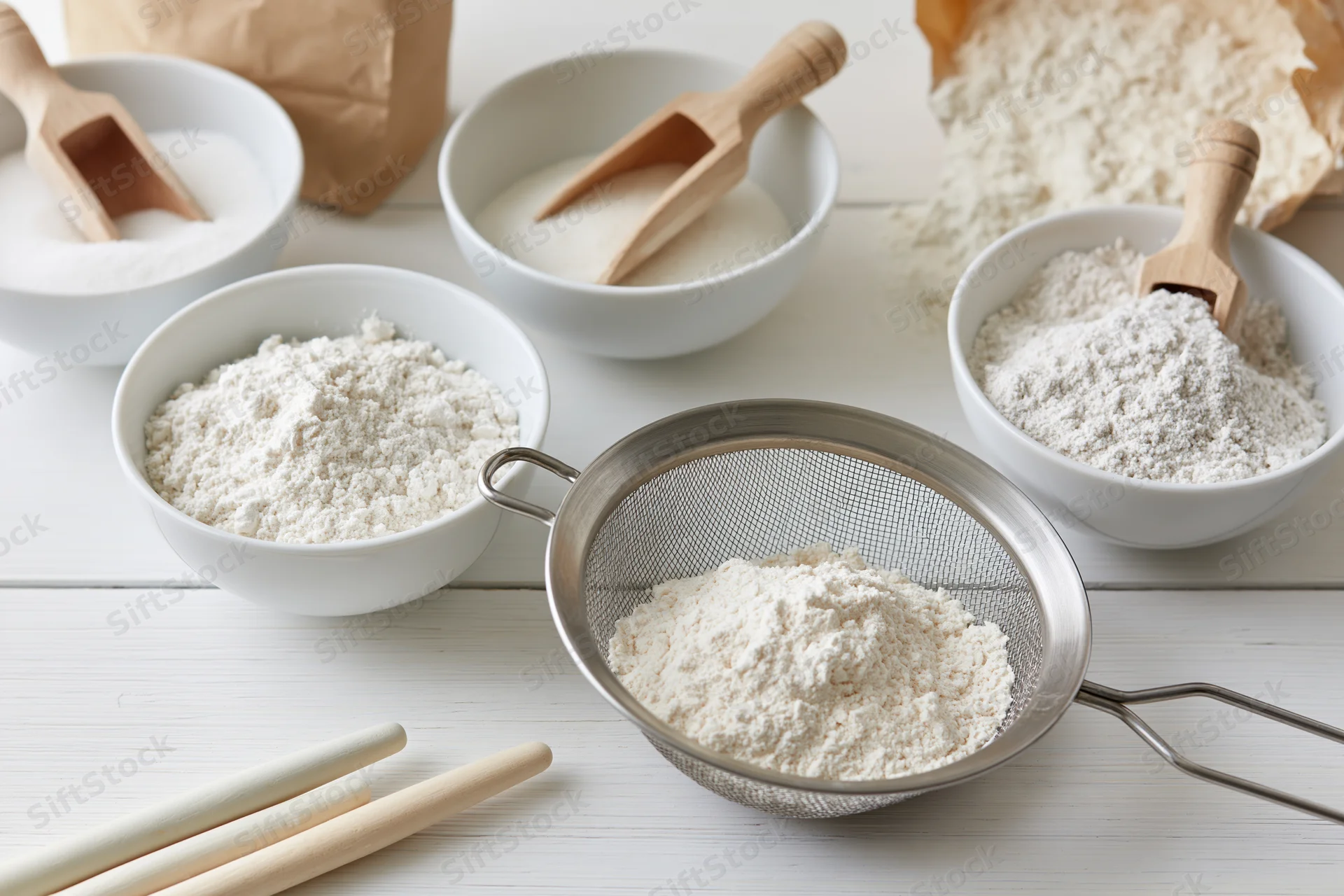 Flour in a metal sifter and white bowls on a wooden table with wooden scoops and paper bags nearby
