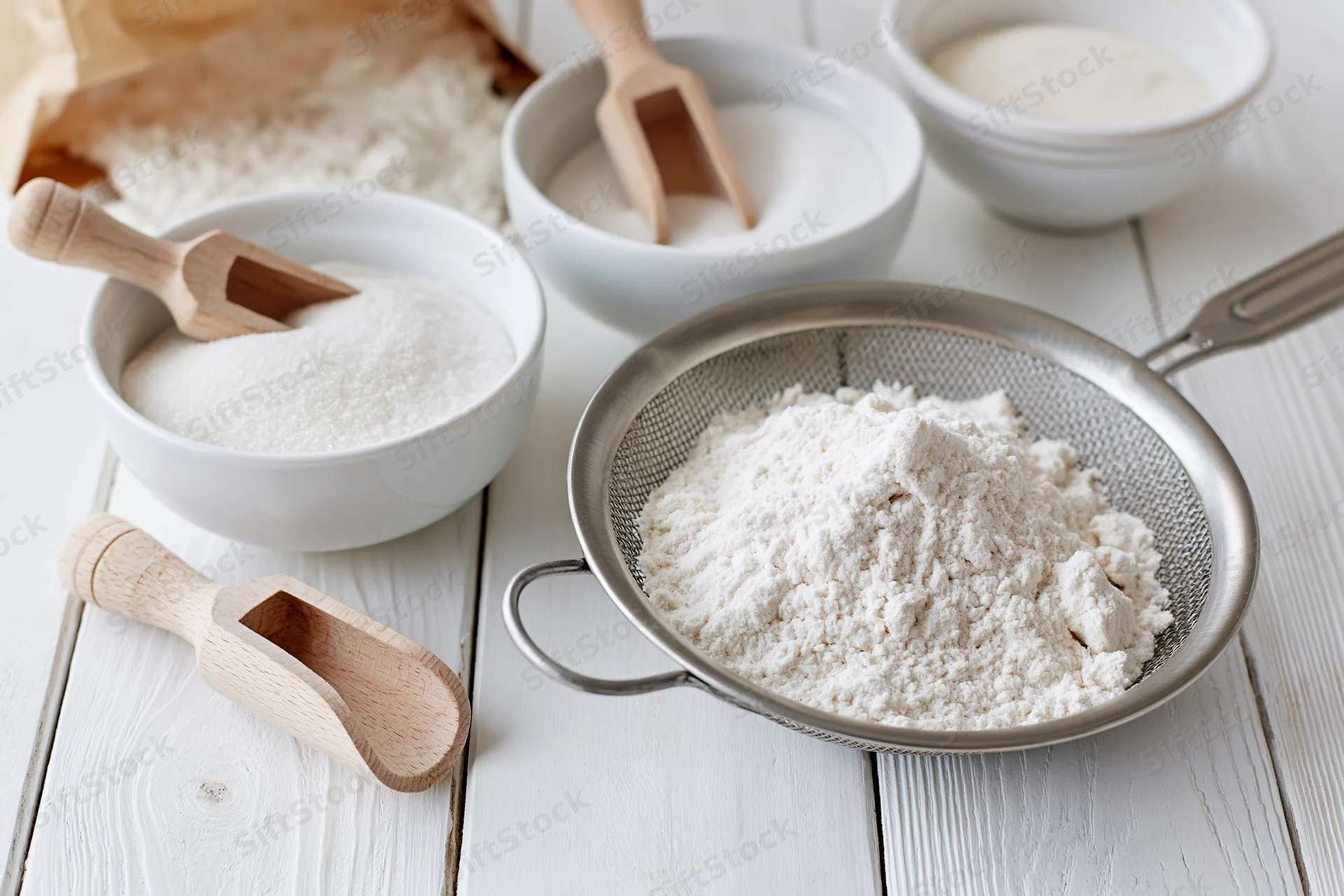 Flour being sifted through a metal sieve on a white wooden table with bowls and wooden scoops nearby