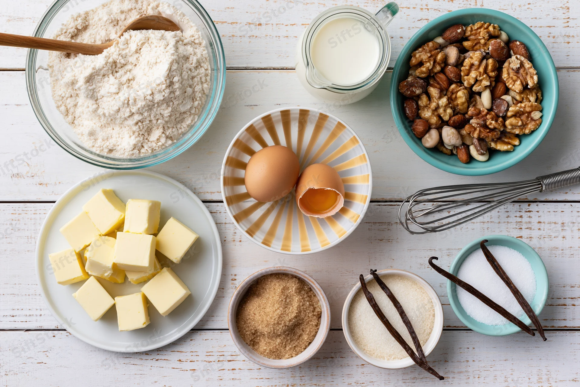 Baking ingredients arranged on a white wooden countertop including flour, butter, eggs, milk, nuts, sugar, and vanilla with a whisk and bowls