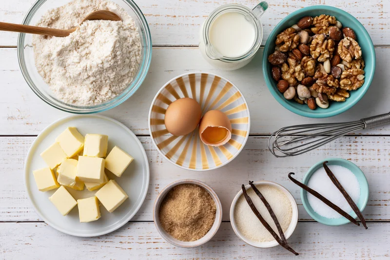 Baking ingredients arranged on a white wooden countertop including flour, butter, eggs, milk, nuts, sugar, and vanilla with a whisk and bowls