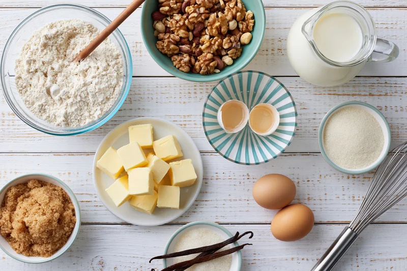 Baking ingredients arranged on a white wooden surface with bowls, eggs, butter, flour, milk, sugar, walnuts and a whisk