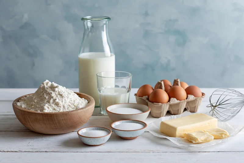 Baking ingredients arranged on a white wooden table with flour, milk, eggs, butter and sugar in bowls and containers