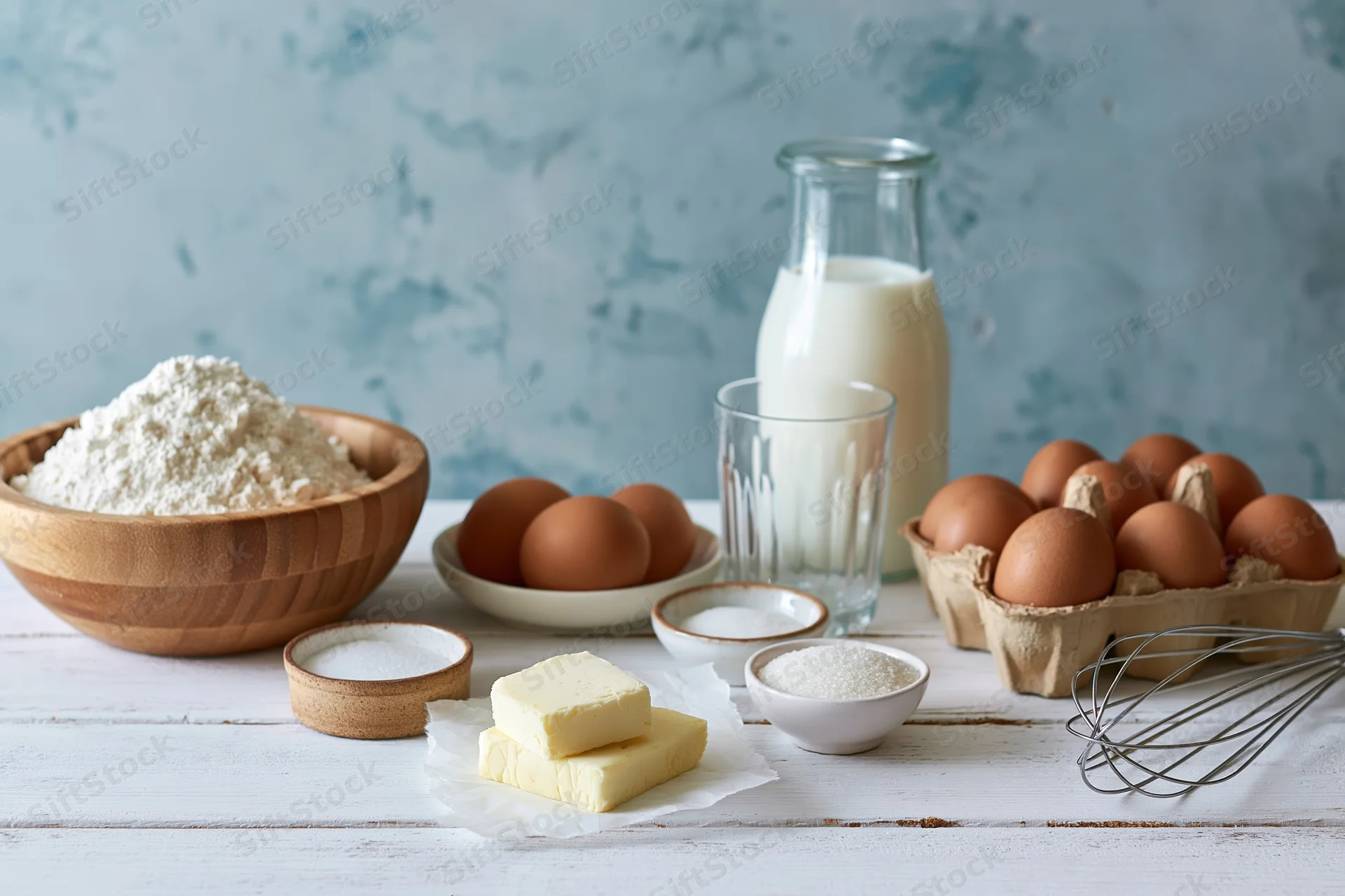 Baking ingredients arranged on a white wooden countertop with flour, eggs, milk, butter, sugar, and a whisk