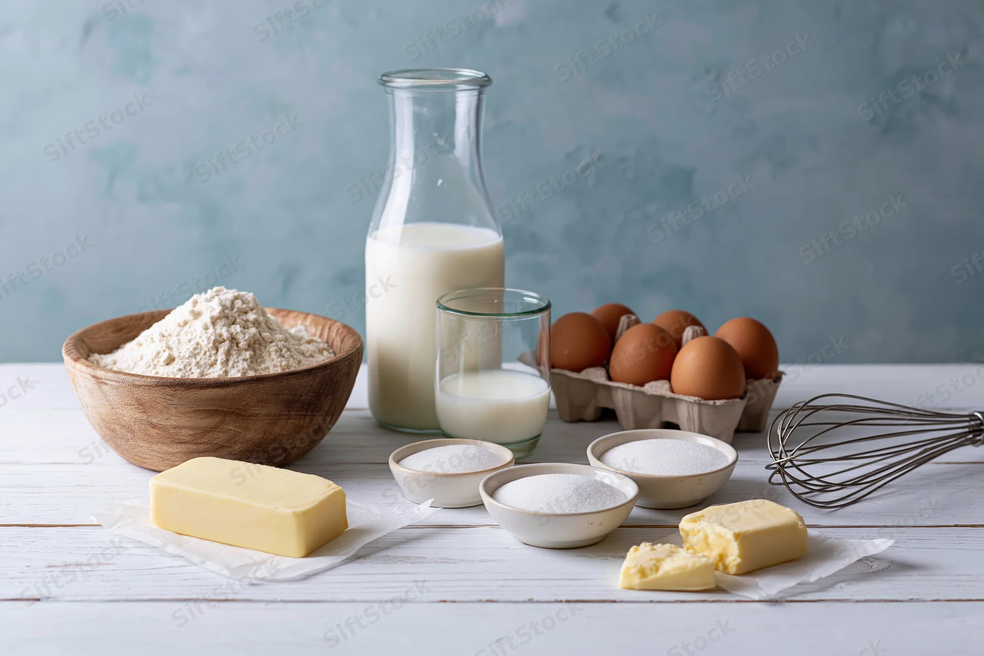 Baking ingredients arranged on a white wooden table with a blue textured background