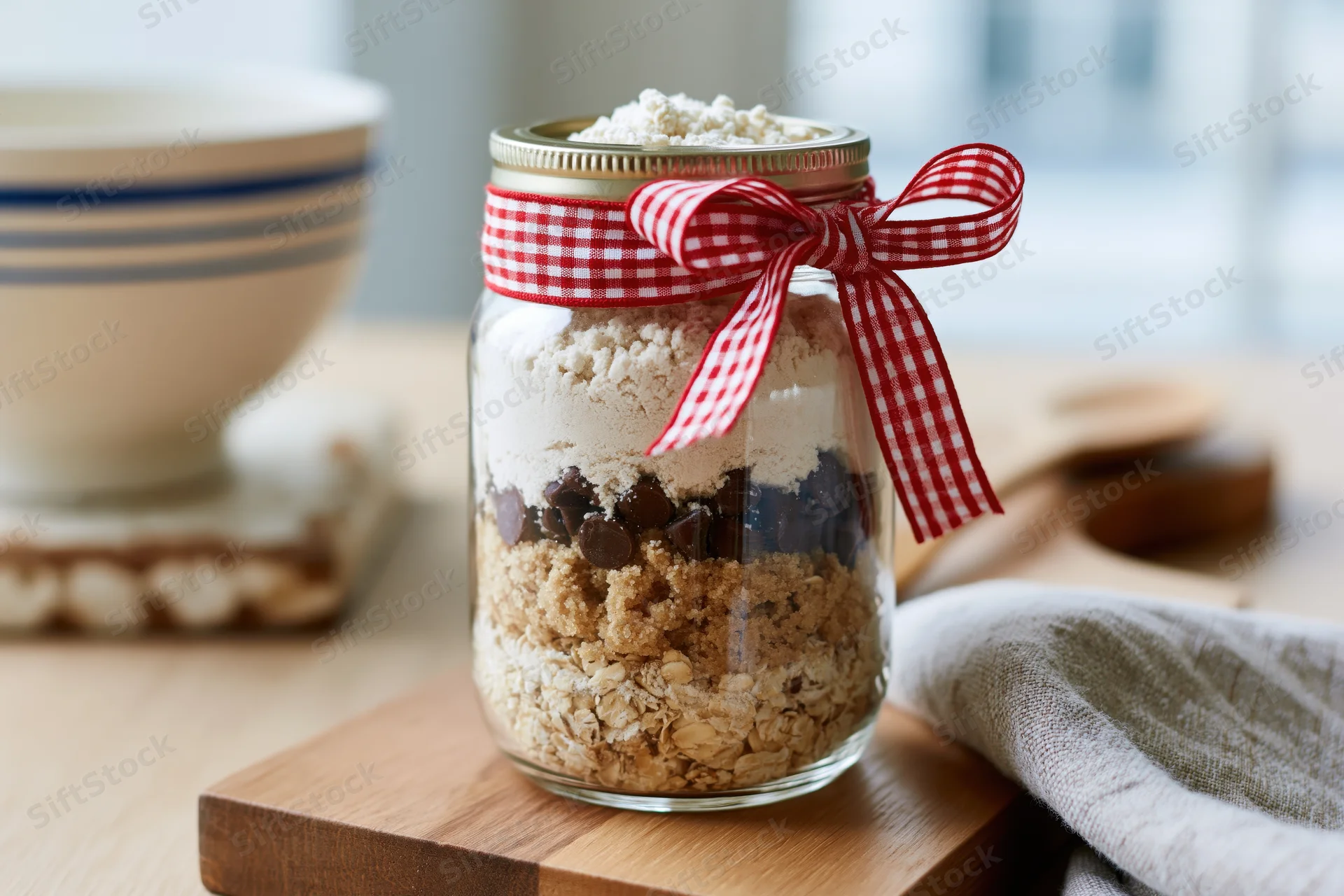 Layered baking mix in a glass jar with red checkered ribbon on wooden cutting board