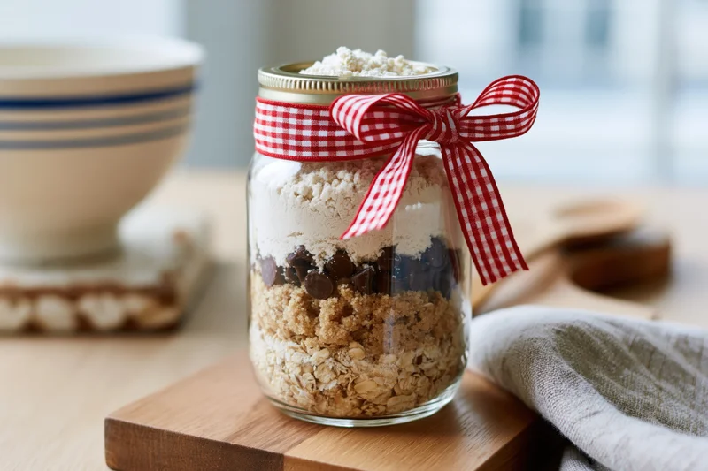Layered baking mix in a glass jar with red checkered ribbon on wooden cutting board