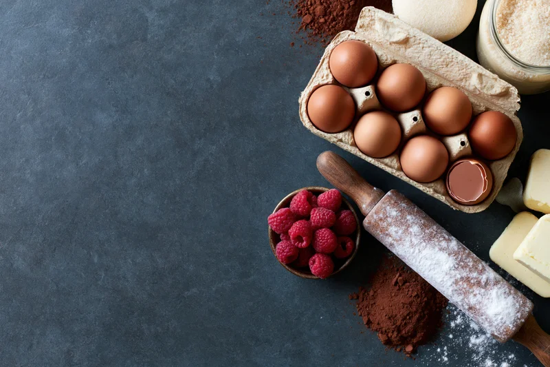 Baking ingredients arranged on dark countertop with copyspace