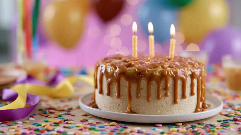Caramel-dripping birthday cake with lit candles on a decorated table surrounded by confetti and balloons