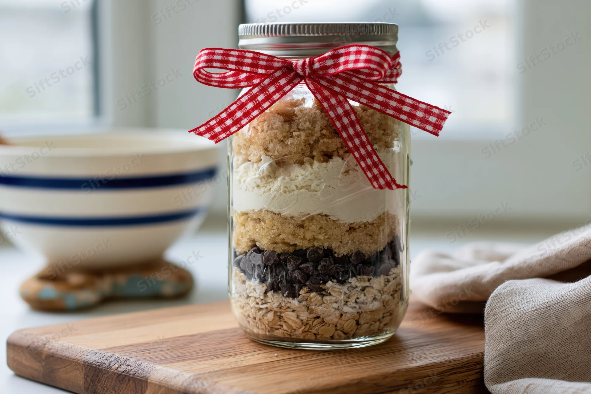 Layered oatmeal and chocolate cookie mix in a glass jar with red checkered ribbon on wooden cutting board
