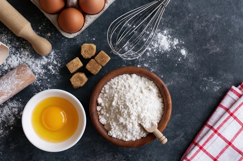 Baking ingredients arranged on dark countertop with flour, eggs, sugar, whisk and rolling pin