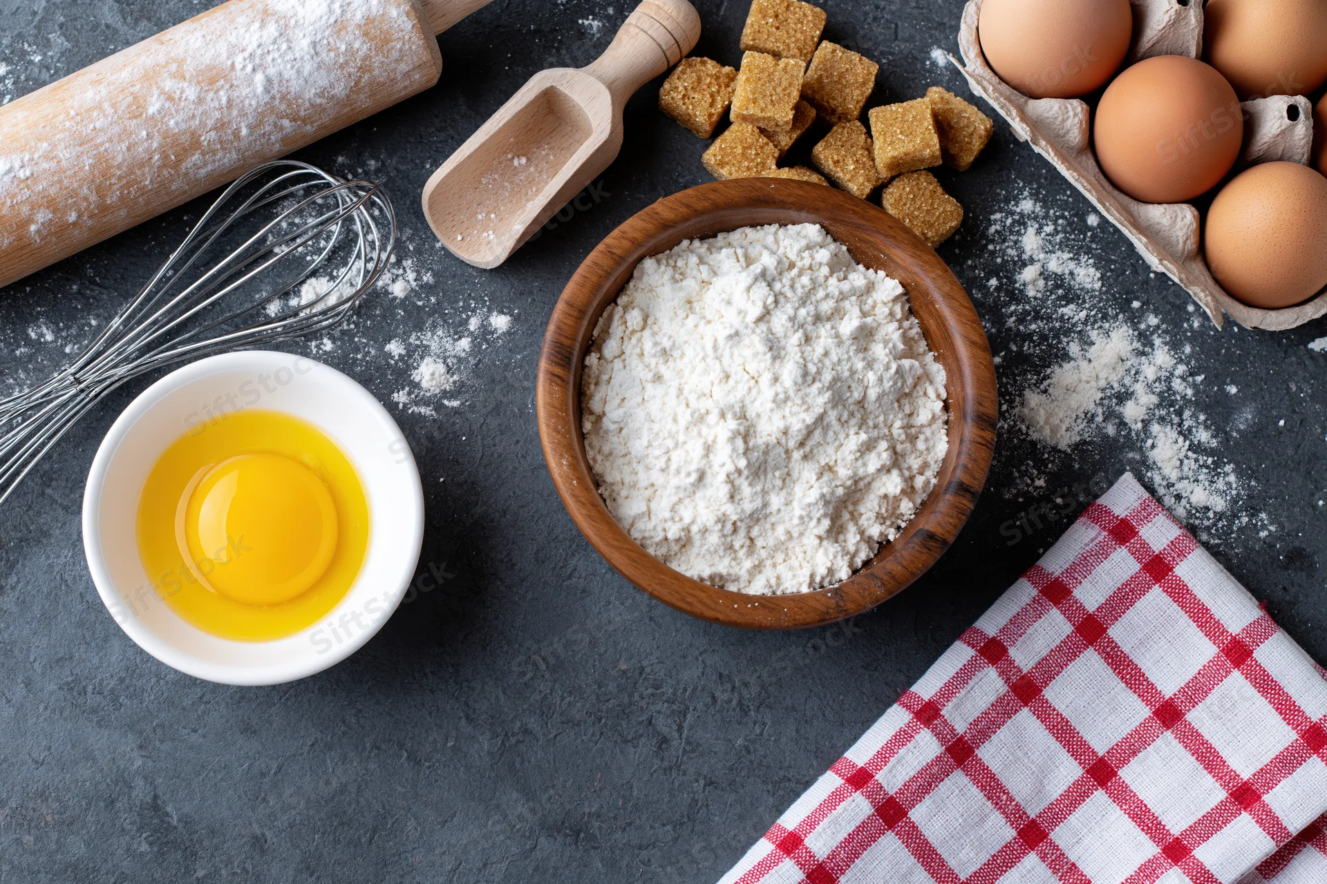 Baking ingredients arranged on dark countertop with wooden bowl of flour, cracked egg in white bowl, sugar cubes, rolling pin and whisk, red checkered napkin nearby