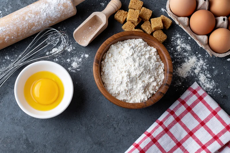 Baking ingredients arranged on dark countertop with wooden bowl of flour, cracked egg in white bowl, sugar cubes, rolling pin and whisk, red checkered napkin nearby