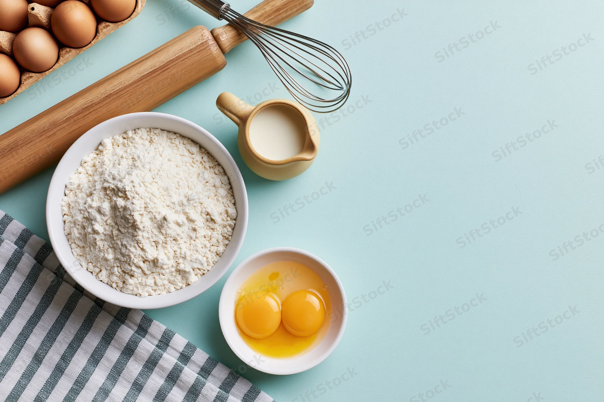 Baking ingredients arranged on a light blue surface with copyspace