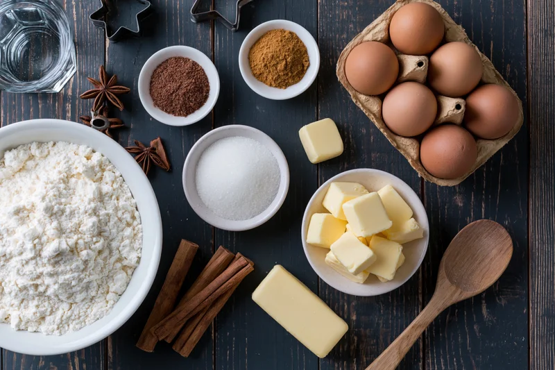 Baking ingredients arranged on dark wooden table with flour, eggs, butter, sugar, spices and cookie cutters