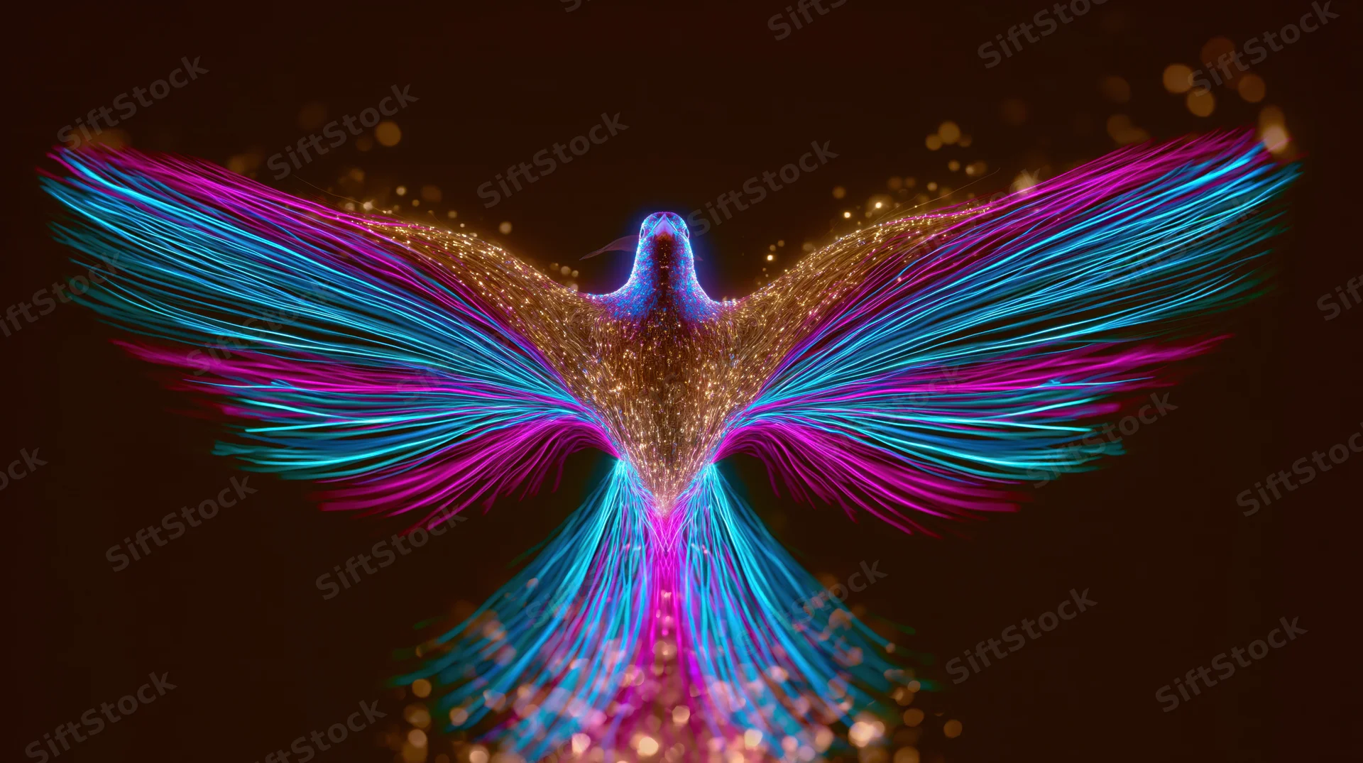 Glowing digital phoenix with vibrant fiber wings and tail against dark background