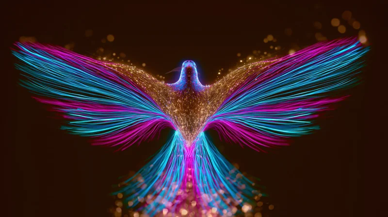 Glowing digital phoenix with vibrant fiber wings and tail against dark background