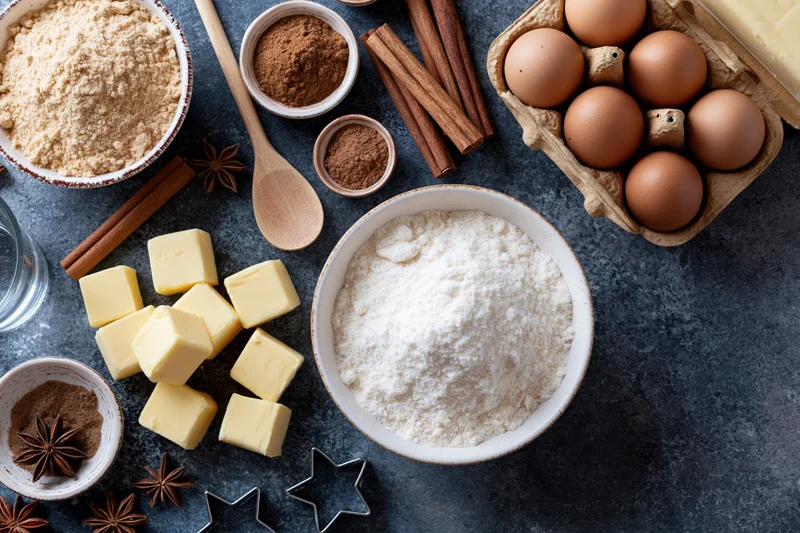 Baking ingredients arranged on dark countertop including flour, eggs, butter, cinnamon and cookie cutters