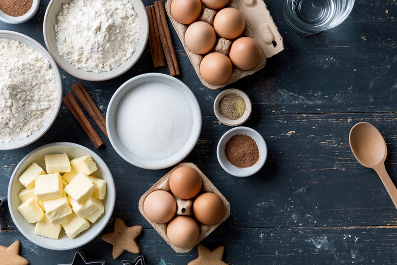 Baking ingredients arranged on dark wooden table with cookie cutters and utensils