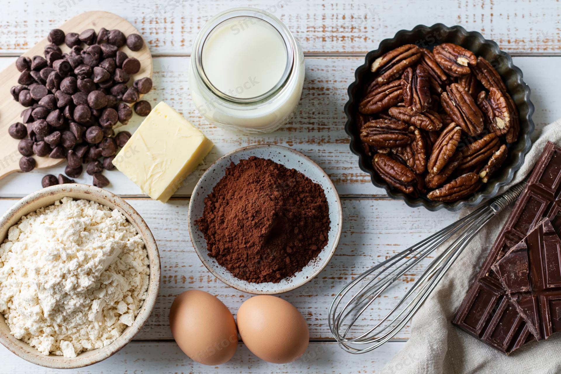 Baking ingredients arranged on a white wooden surface including flour, eggs, milk, butter, cocoa, chocolate chips, pecans, and a whisk
