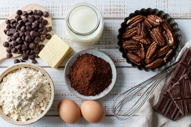 Baking ingredients arranged on a white wooden surface including flour, eggs, milk, butter, cocoa, chocolate chips, pecans, and a whisk