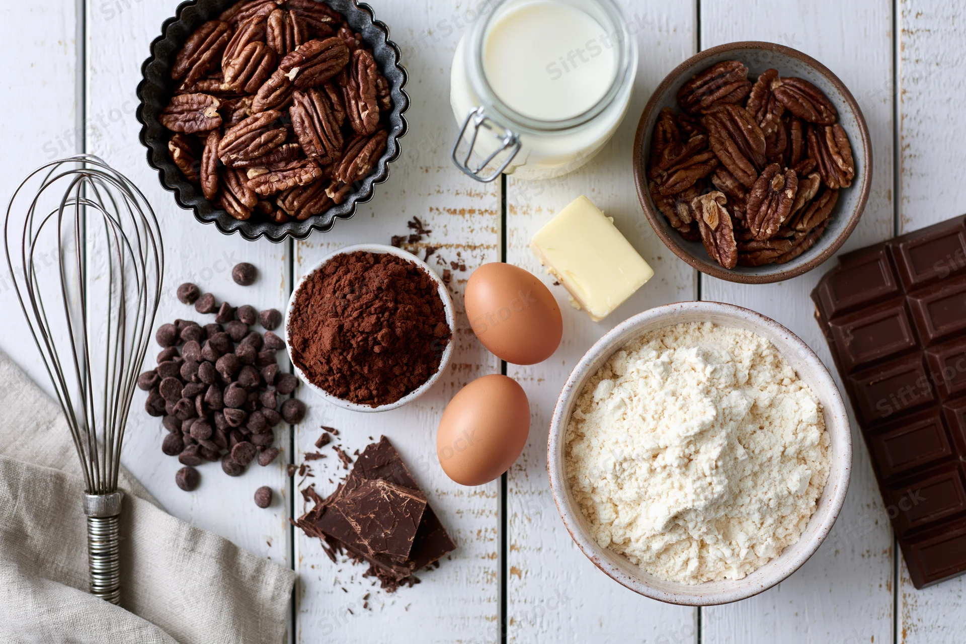 Baking ingredients arranged on a white wooden table with a whisk and bowls of flour, eggs, butter, milk, chocolate, and pecans