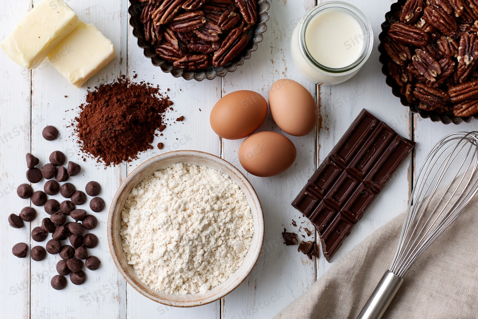 Baking ingredients arranged on a white wooden table with a whisk and bowl of flour in view