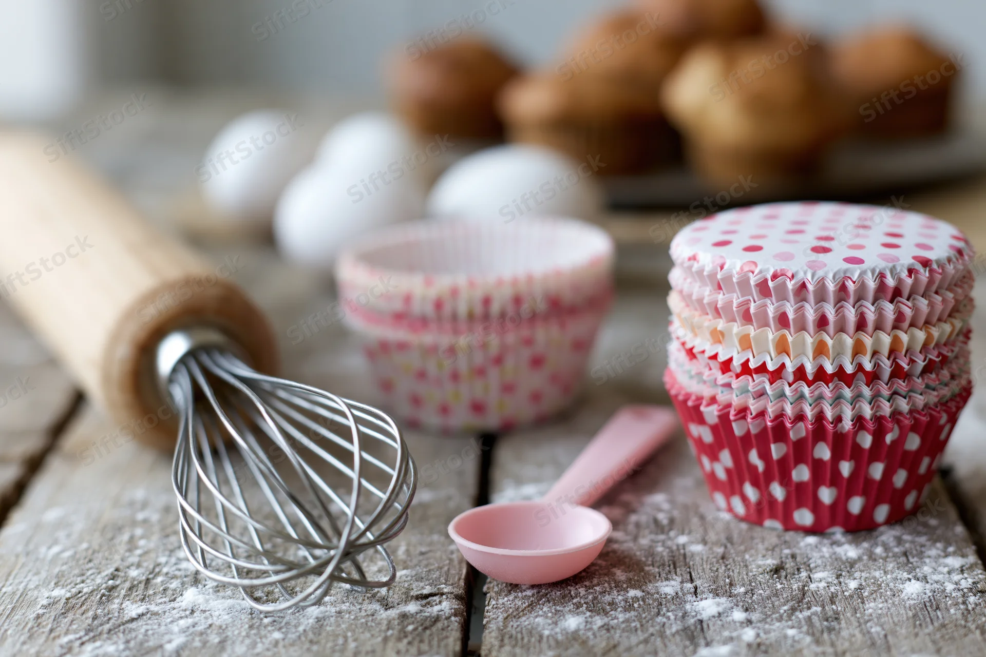 Baking tools and cupcake liners arranged on a floured wooden board with muffins in the background