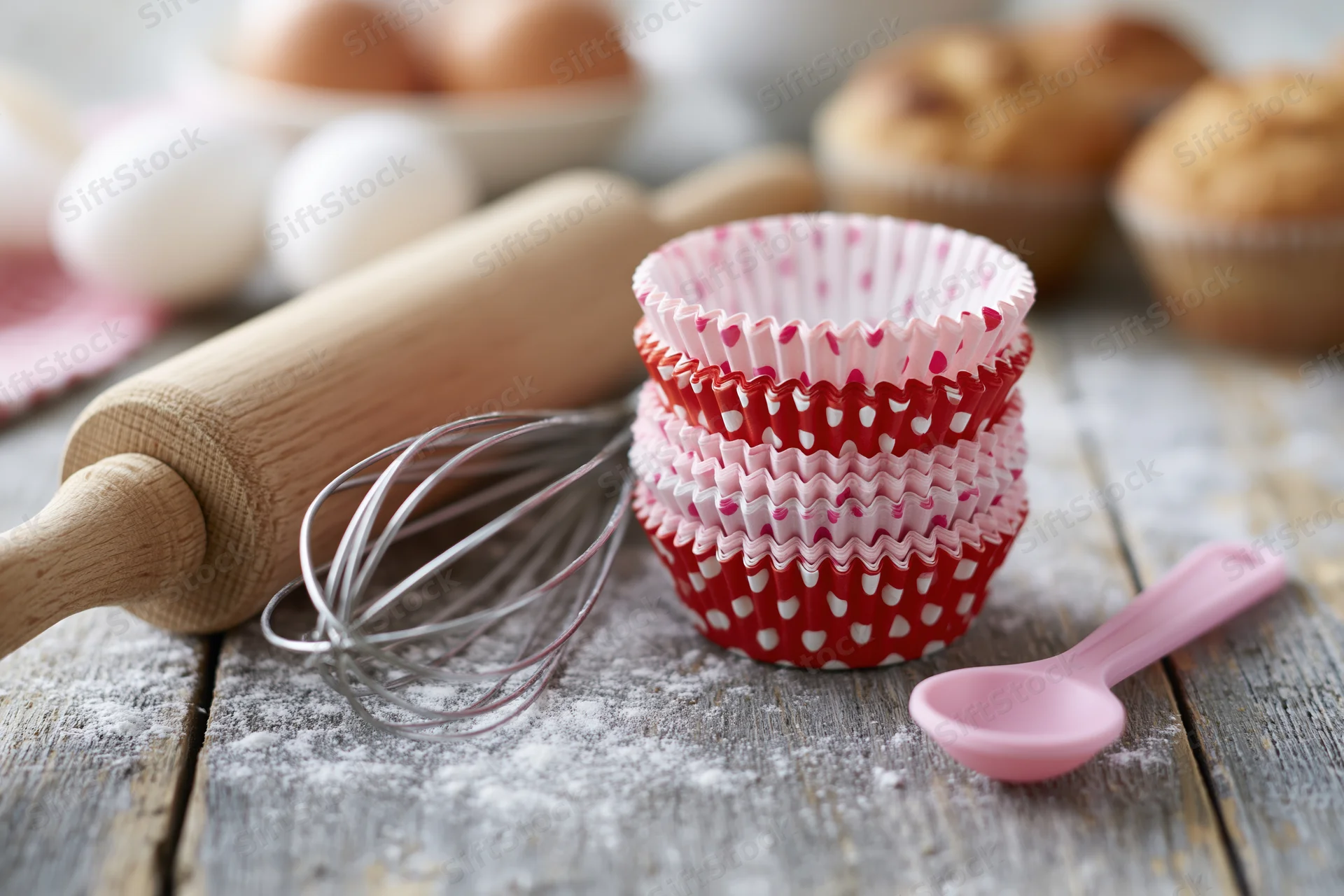 Stack of red and pink heart-patterned cupcake liners on a floured wooden table with baking tools around