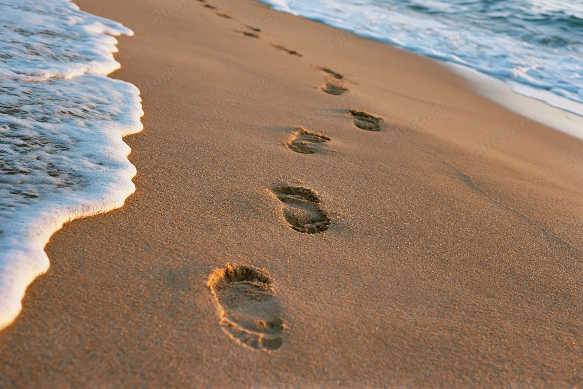 Footprints in the sand along the shoreline with gentle waves approaching at sunset