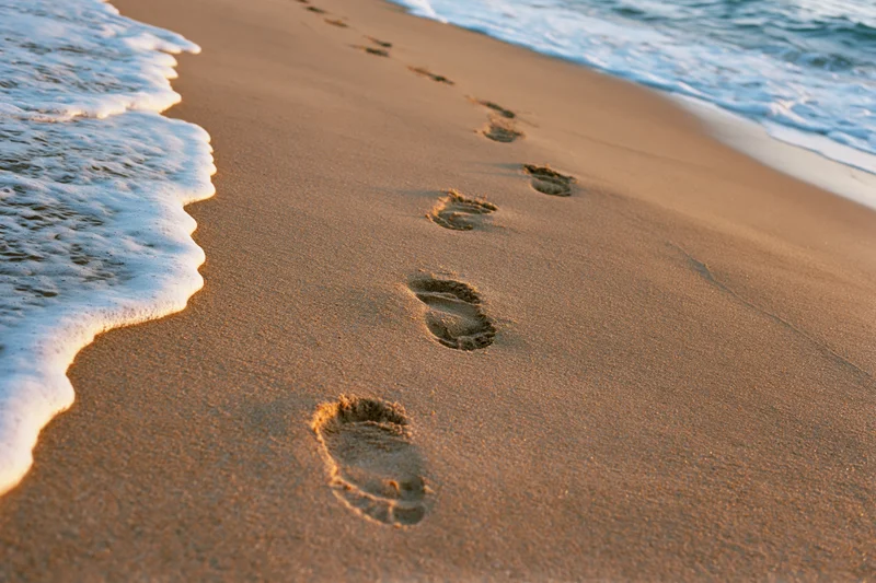 Footprints in the sand along the shoreline with gentle waves approaching at sunset