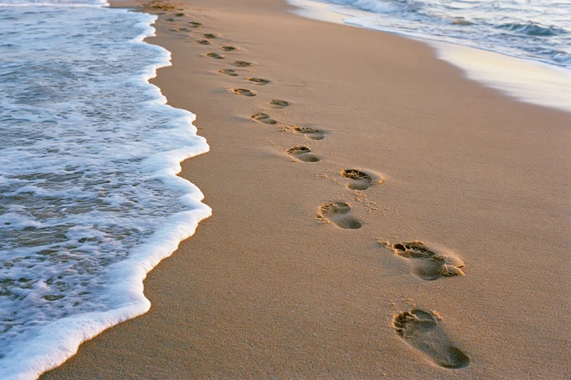 Footprints in the sand along the shoreline with gentle waves approaching at sunrise