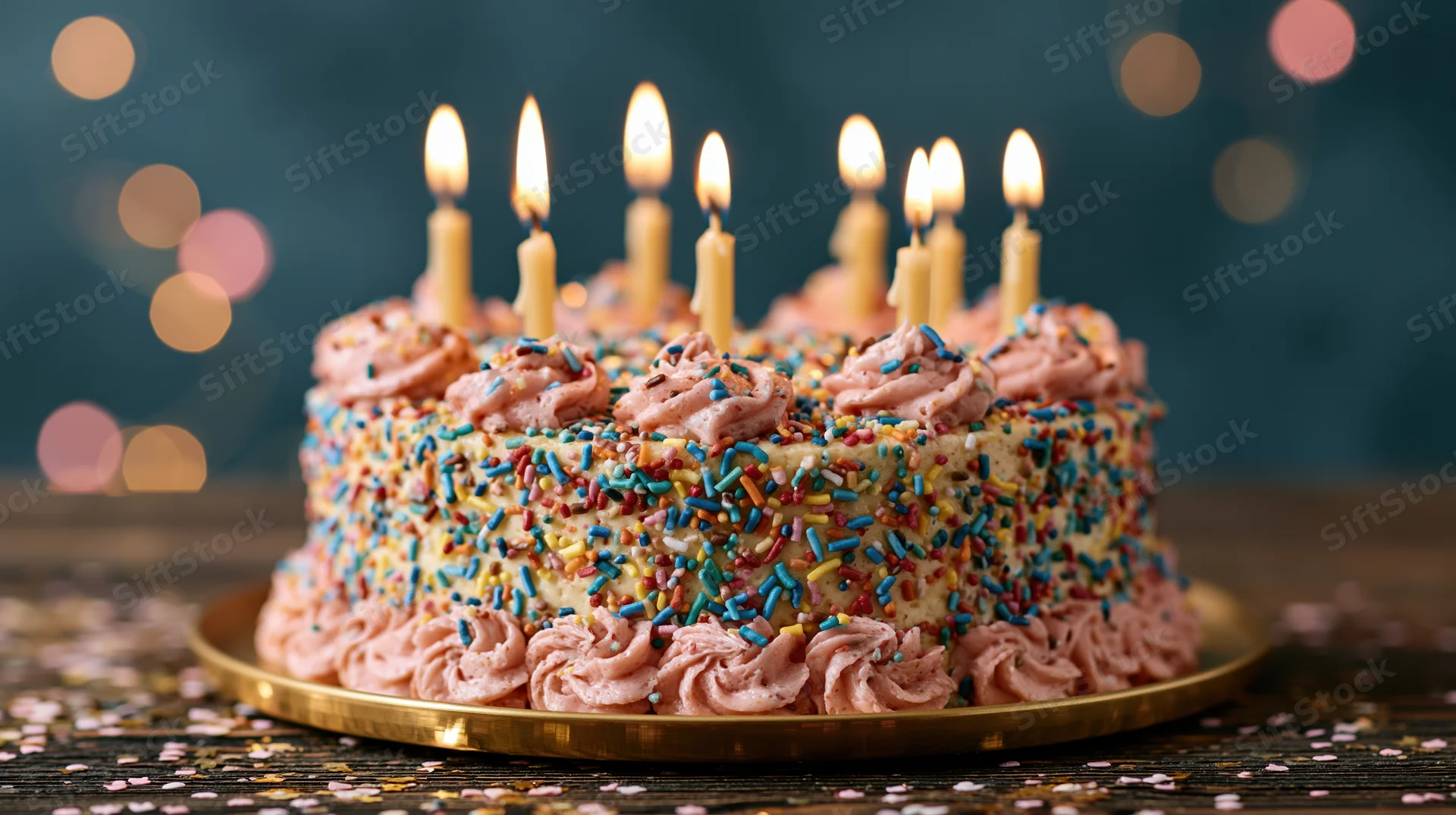 Birthday cake with lit candles and colorful sprinkles on a wooden table