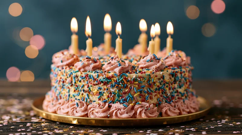 Birthday cake with lit candles and colorful sprinkles on a wooden table