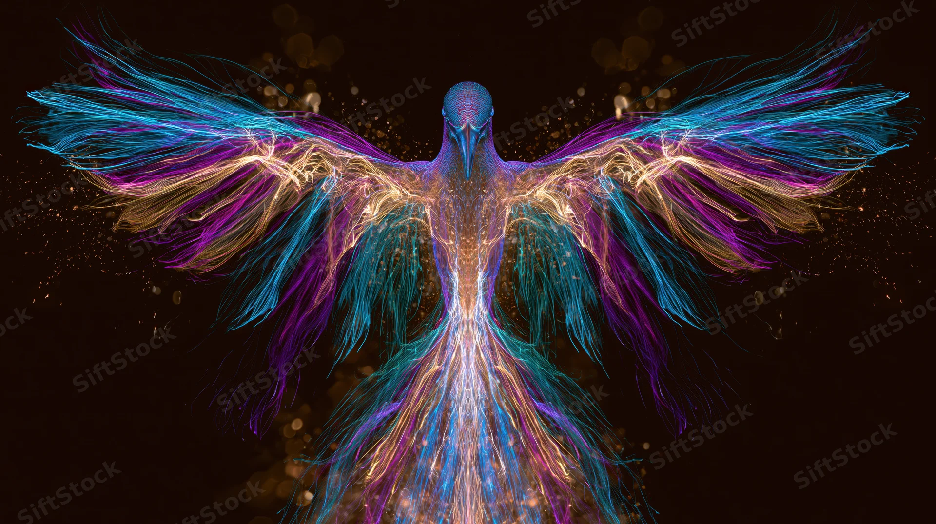 Glowing digital phoenix with outstretched wings against dark background