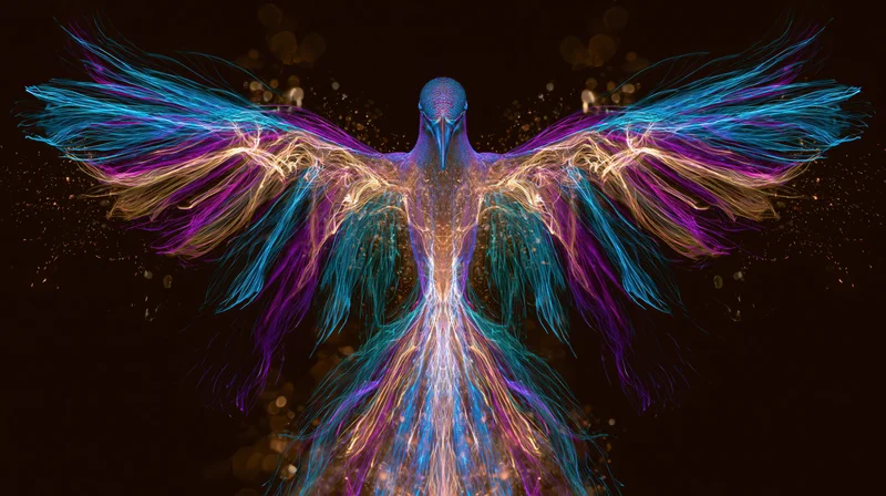 Glowing digital phoenix with outstretched wings against dark background