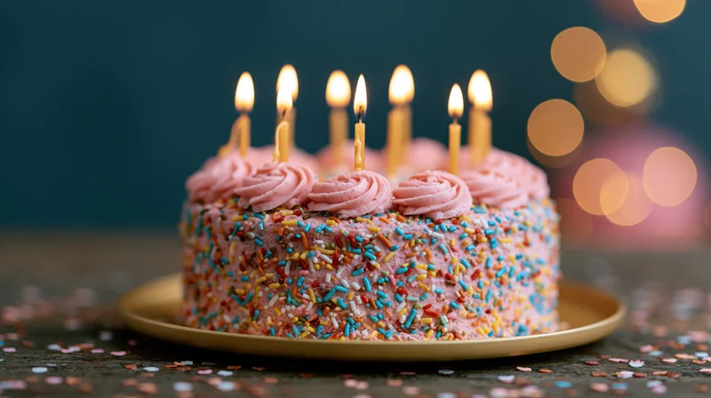 Birthday cake with lit candles and sprinkles on a golden plate