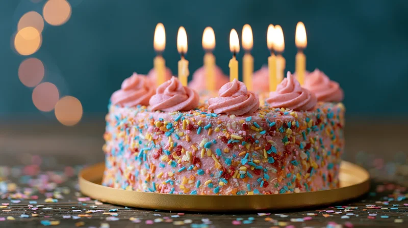 Birthday cake with lit candles and sprinkles on a wooden table