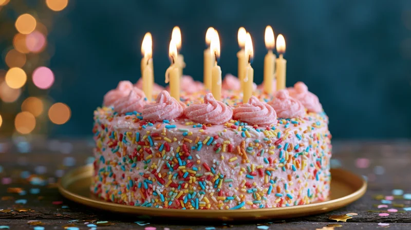 Pink frosted birthday cake with lit candles and colorful sprinkles on golden plate surrounded by confetti and bokeh lights