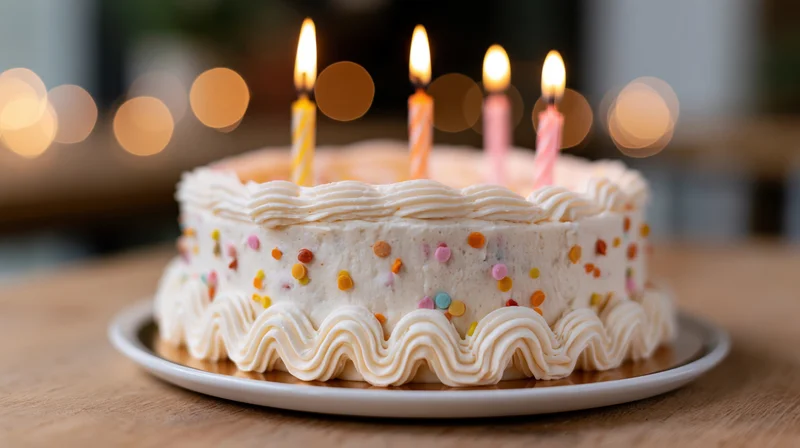 Birthday cake with lit candles on a wooden table, decorated with frosting and sprinkles, warm bokeh lights in background