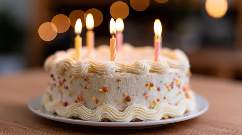 Birthday cake with lit candles on a wooden table