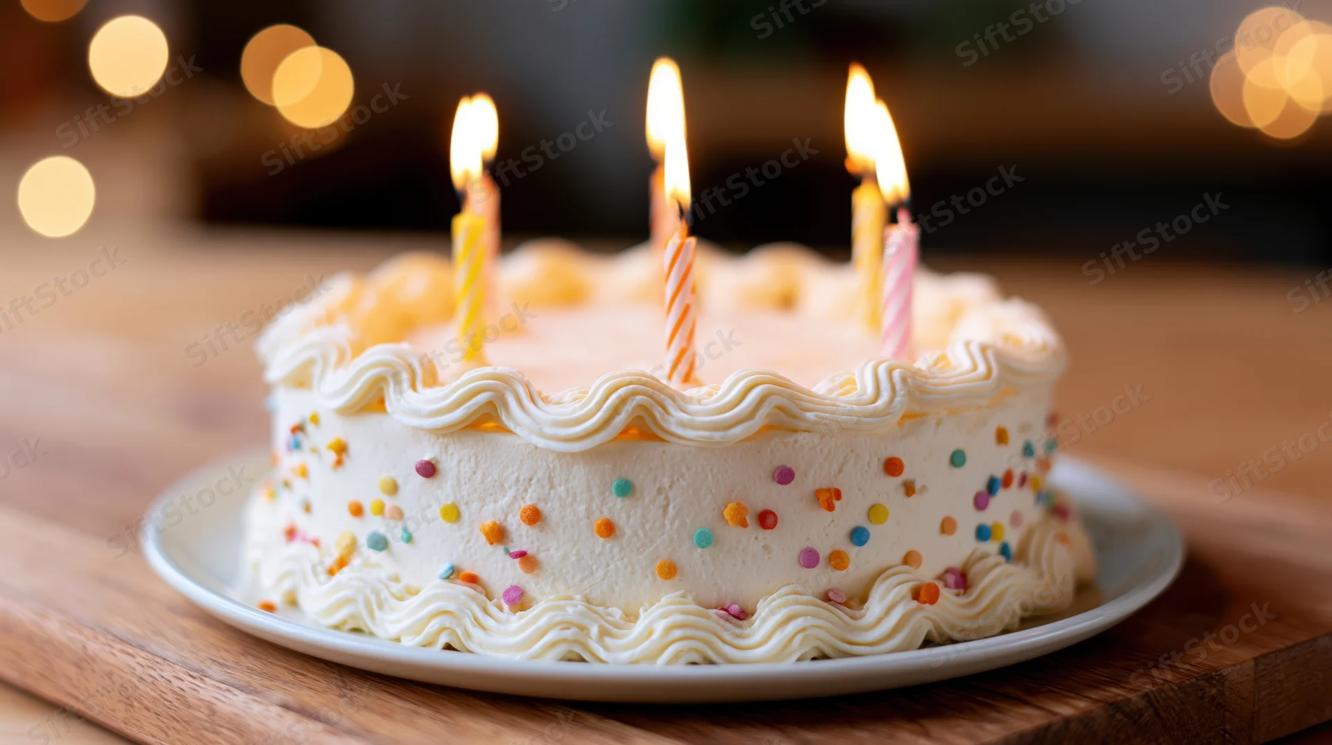 Birthday cake with lit candles on a wooden table
