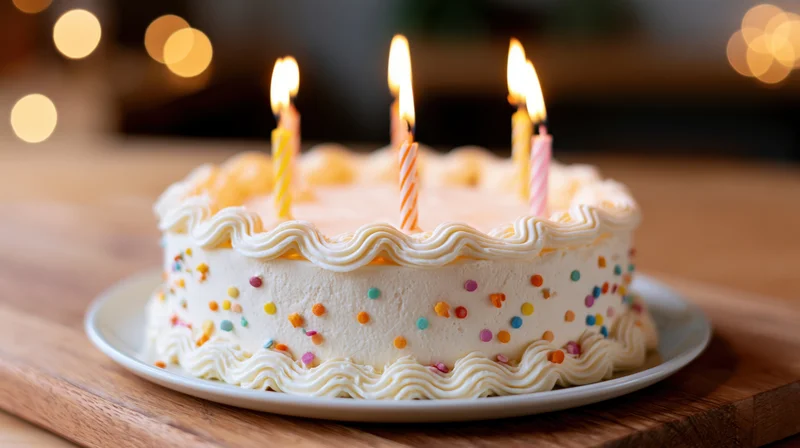 Birthday cake with lit candles on a wooden table