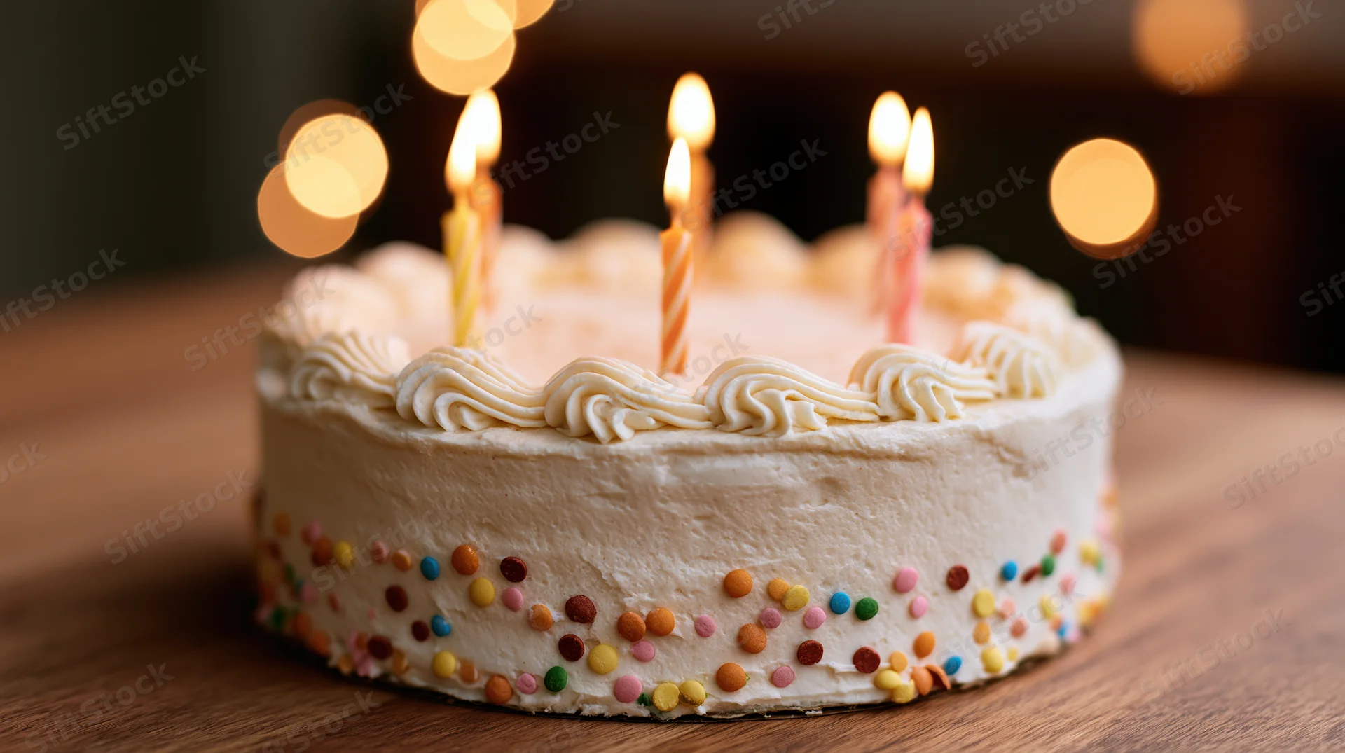 Birthday cake with lit candles on wooden table, warm bokeh lights in background
