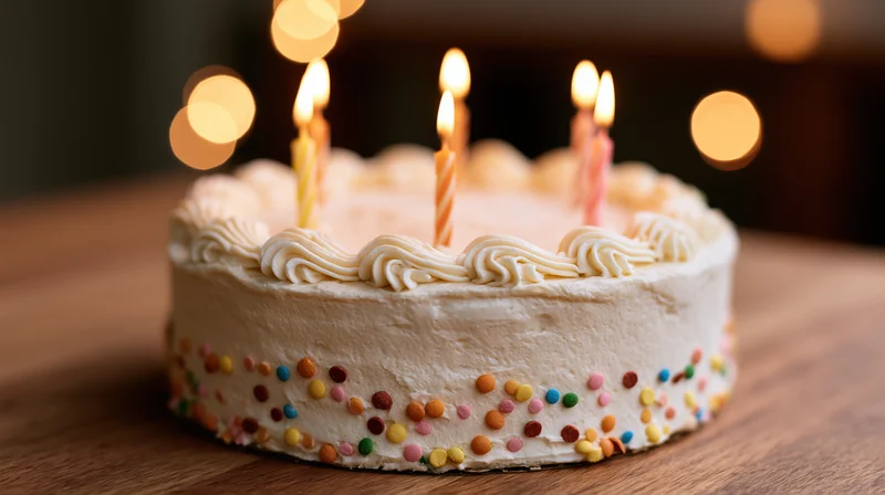 Birthday cake with lit candles on wooden table, warm bokeh lights in background