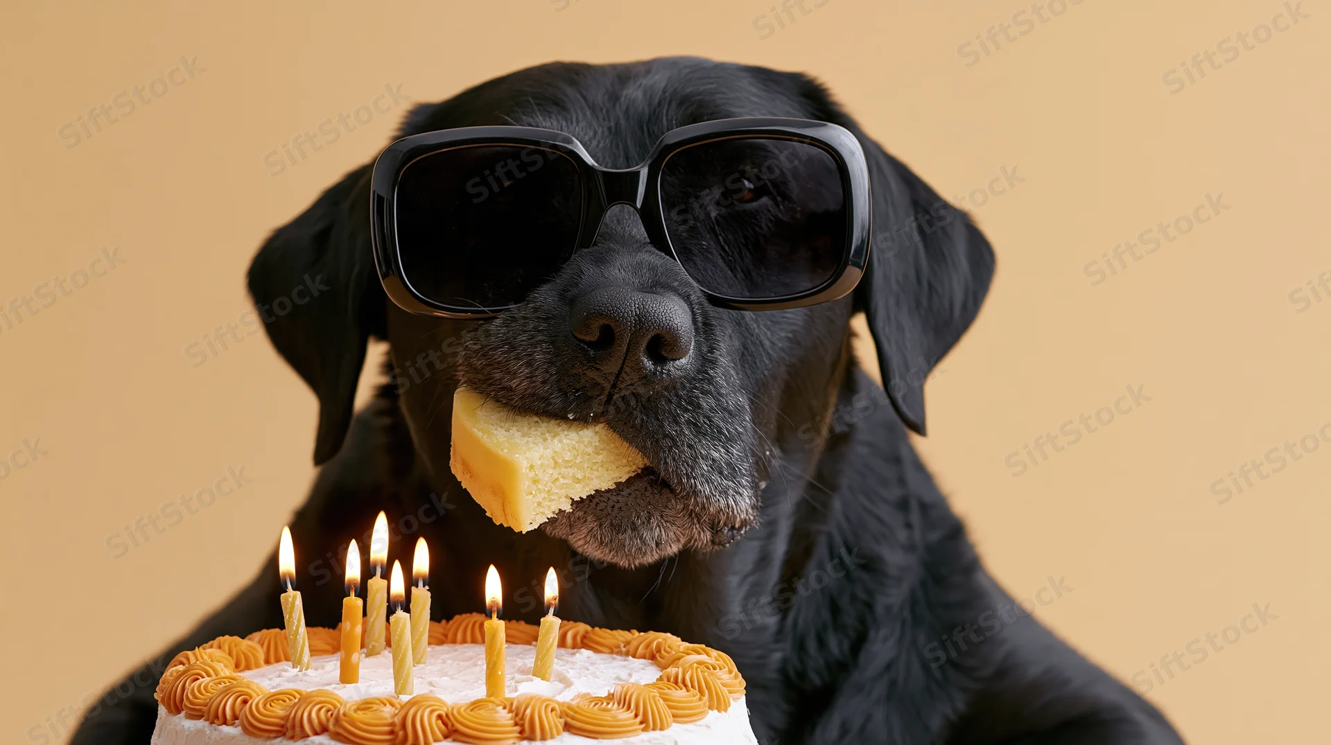 Black labrador wearing sunglasses eating a slice of birthday cake with lit candles in front of beige background