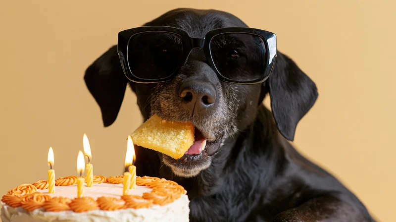 Black dog wearing sunglasses eating a slice of birthday cake with candles, in front of a plain background