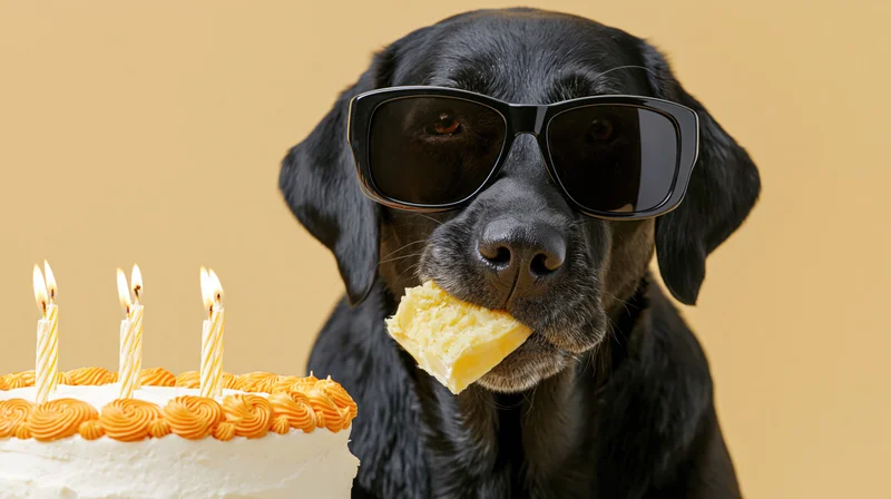 Black labrador wearing sunglasses eating a slice of birthday cake beside a frosted cake with candles
