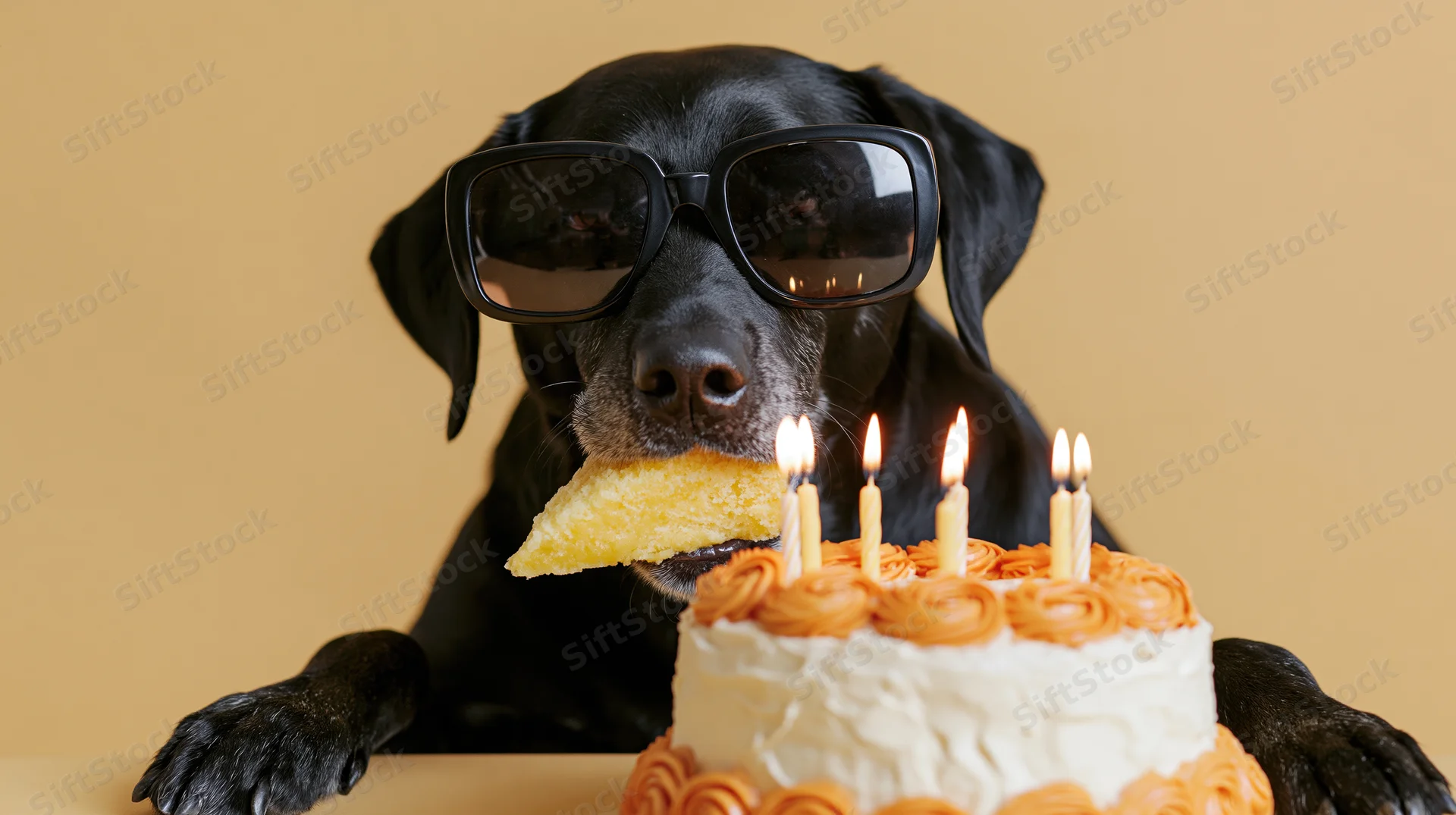Black labrador wearing sunglasses eating cake slice at birthday party table