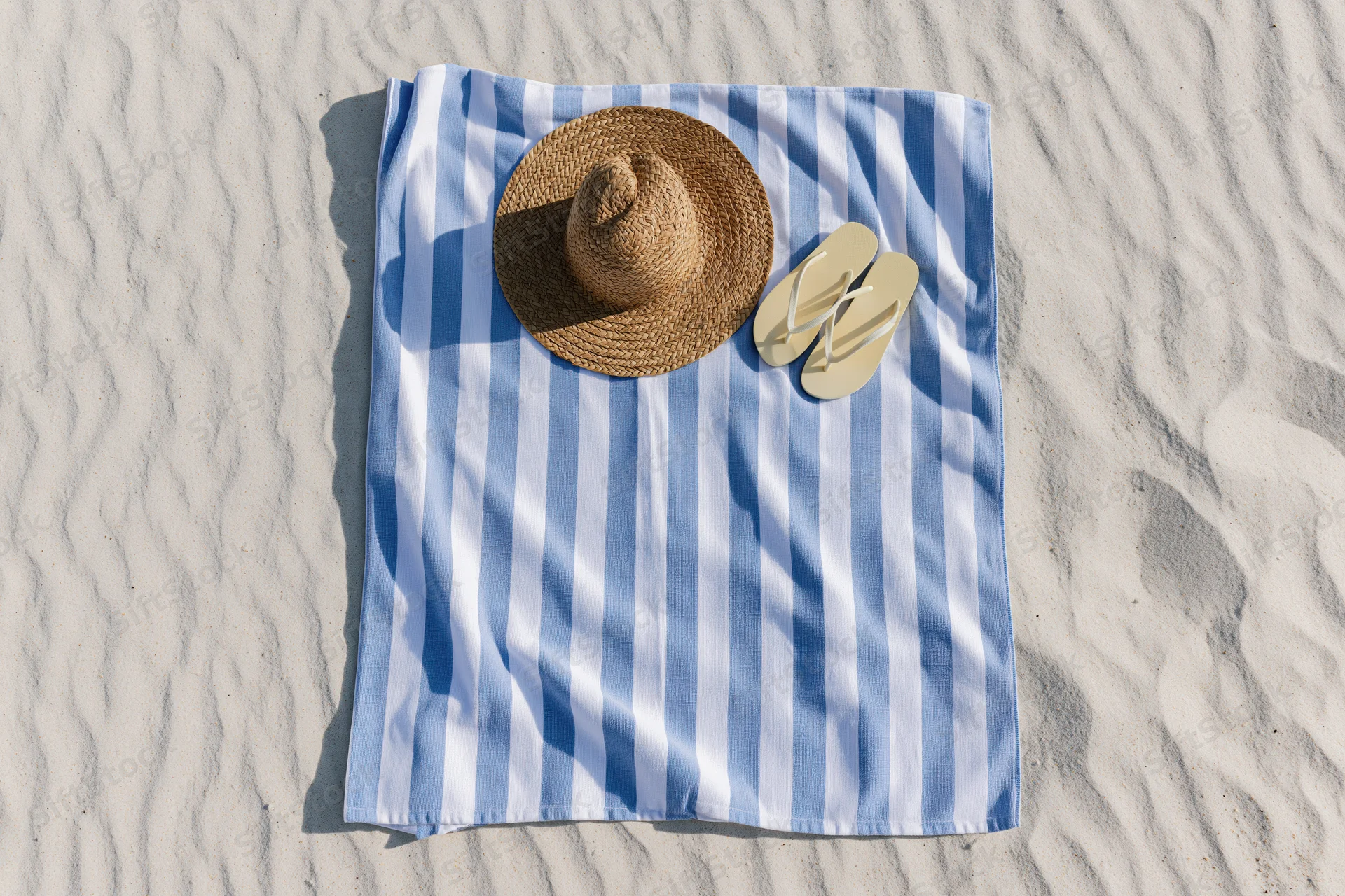 Blue and white striped towel with straw hat and flip flops laid on sandy beach